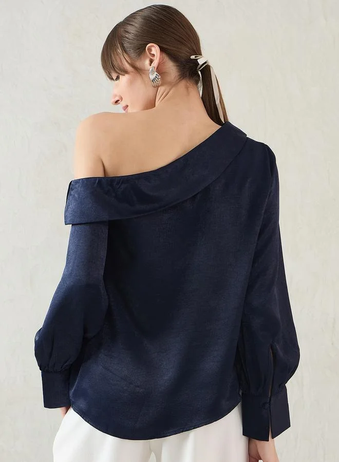 Femmella Navy Blue One Shoulder Detail Satin Top